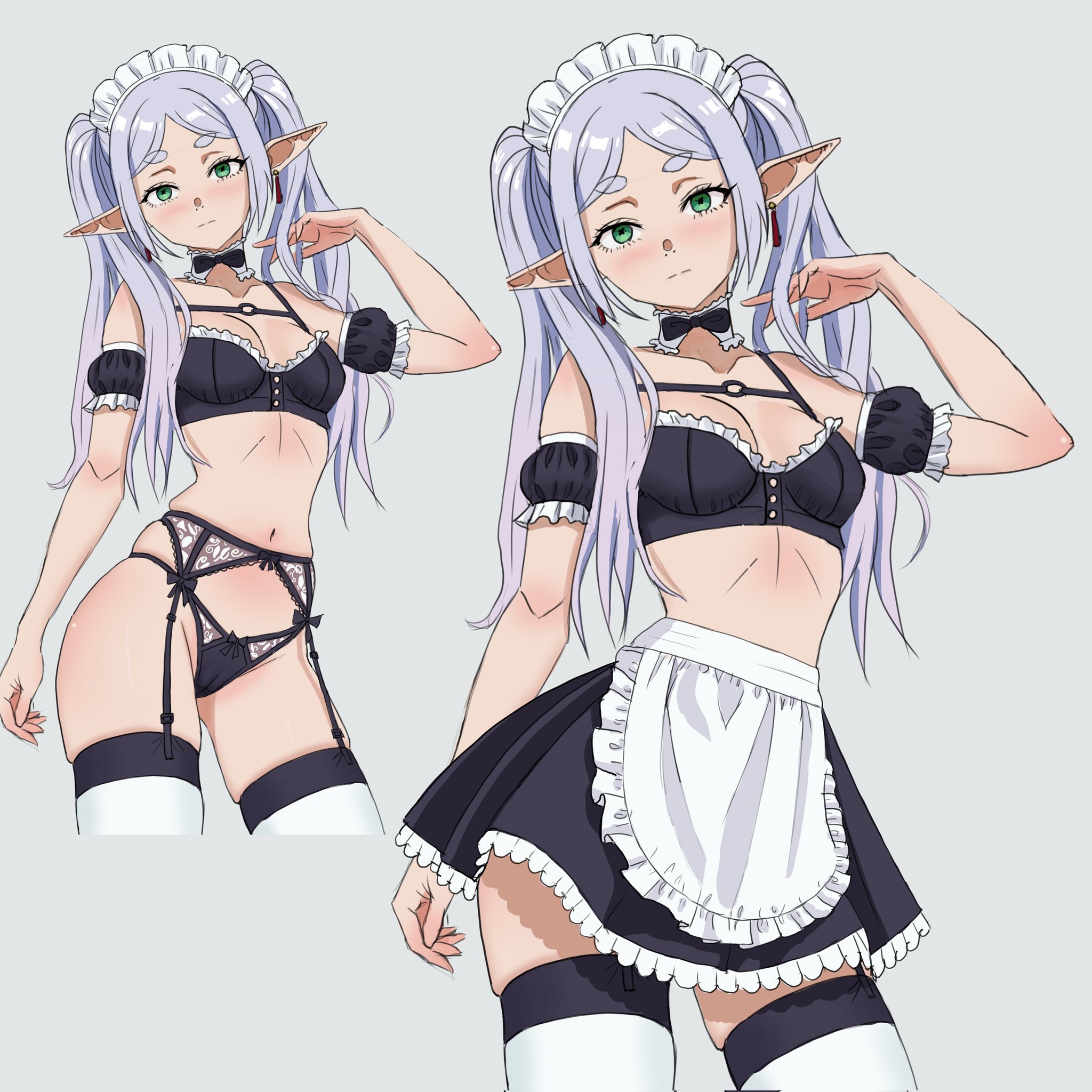 josival, frieren, sousou no frieren, commentary, english commentary, highres, paid reward available, 1girl, alternate costume, apron, armband, black armband, black bow, black bra, black panties, black skirt, blue background, blush, bow, bow panties, bra, breasts, cameltoe, closed mouth, collar, collarbone, cowboy shot, detached collar, different zoom layer, earrings, elf, enmaided, frilled apron, frilled armband, frilled collar, frilled skirt, frills, garter belt, gradient background, green eyes, grey hair, groin, hand up, jewelry, lingerie, long hair, looking at viewer, maid, maid apron, maid headdress, navel, o-ring, o-ring top, panties, pointy ears, skindentation, skirt, small breasts, solo, string panties, teardrop earrings, thighhighs, twintails, unconventional maid, underwear, waist apron, white apron, white headdress, white thighhighs