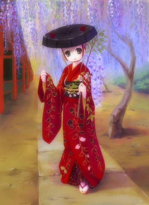 takoyaki (roast), toudou shimako, maria-sama ga miteru, 00s, 1girl, blonde hair, branch, female focus, flower, grey eyes, japanese clothes, kimono, nature, obi, sandals, sash, solo, tabi, wisteria, zouri