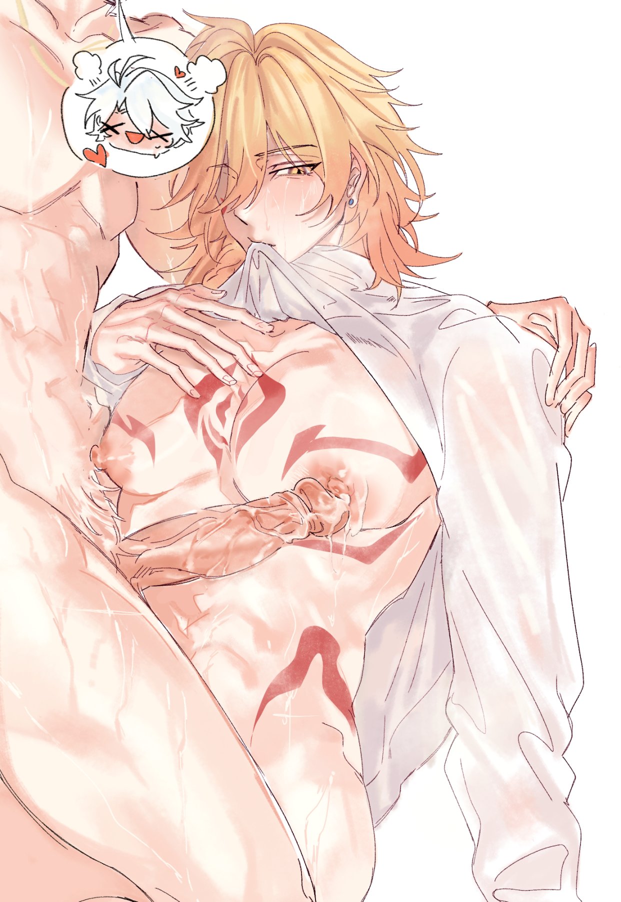mydei (honkai: star rail), phainon (honkai: star rail), honkai: star rail, honkai (series), highres, 2boys, antenna hair, bare pectorals, blonde hair, braid, chest tattoo, chibi, clothes lift, facial tattoo, gradient hair, hair between eyes, hand on another's shoulder, jsxlh926, large pectorals, large penis, male focus, male pubic hair, medium hair, mouth hold, multicolored hair, multiple boys, pectorals, penis, penis to pectoral, pubic hair, red hair, red tattoo, shirt lift, side braid, simple background, spoken character, sweater, tattoo, veins, veiny penis, white background, white hair, white sweater, yaoi, yellow eyes