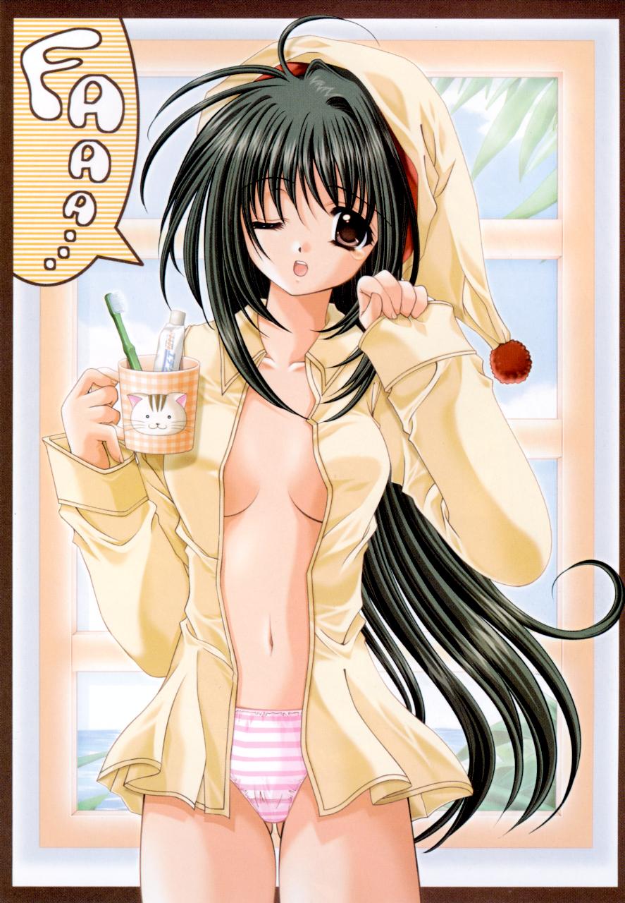 nishimata aoi, highres, 1girl, blouse, bottomless, cup, female focus, hat, mug, navel, nightcap, no pants, open clothes, open shirt, pajamas, panties, pink panties, shirt, solo, speech bubble, striped clothes, striped panties, thighs, underwear, yellow hat