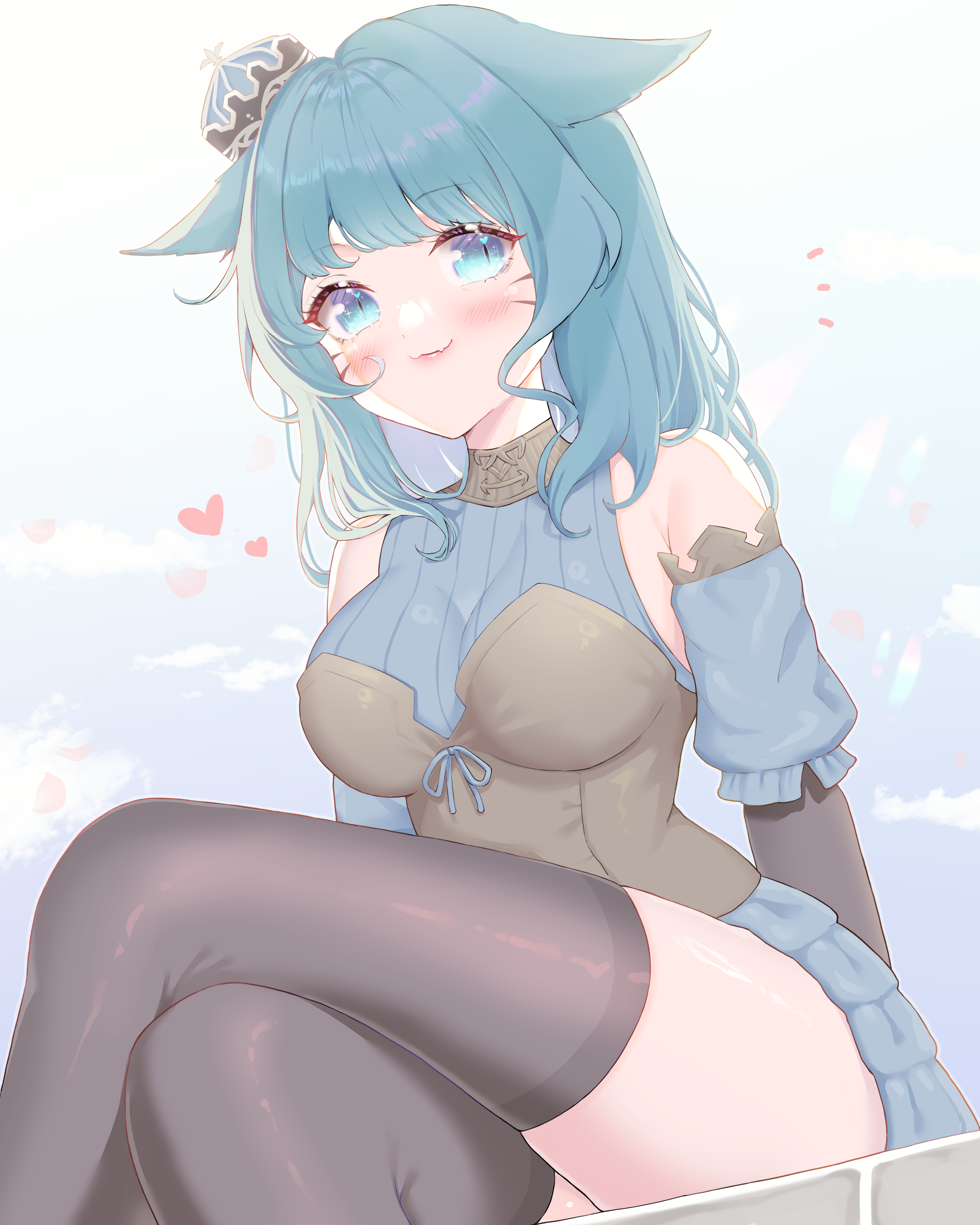 c8oyk, final fantasy, final fantasy xiv, absurdres, commentary request, commission, highres, pixiv commission, 1girl, bare shoulders, blue background, blue eyes, blue hair, blue sleeves, blush, breasts, brown thighhighs, closed mouth, cloud, crossed legs, detached sleeves, fang, fang out, gradient background, heart, long hair, looking at viewer, medium breasts, miqo'te, notice lines, puffy short sleeves, puffy sleeves, short sleeves, sitting, slit pupils, smile, solo, thighhighs, white background