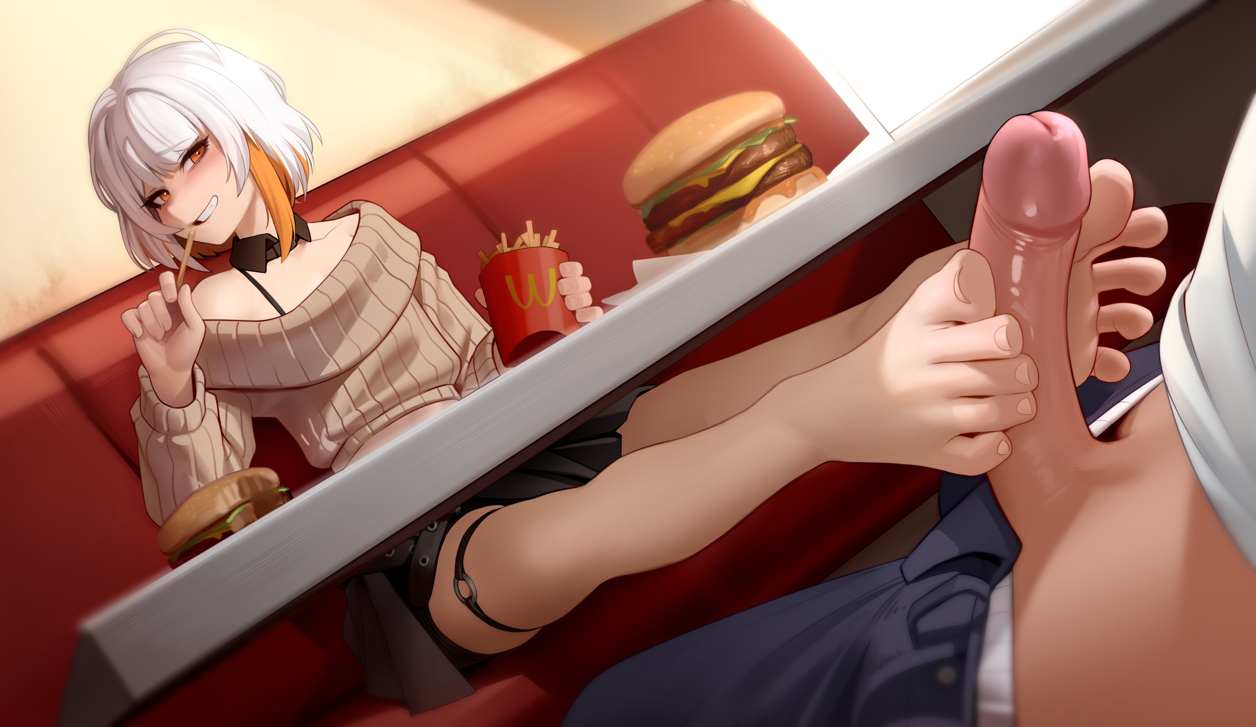 kairunoburogu, indie virtual youtuber, wcdonald's, absurdres, commentary, commission, english commentary, highres, 2boys, barefoot, black skirt, blush, booth seating, brown sweater, burger, clothes pull, detached collar, dutch angle, eating, erection, feet, food, footjob, french fries, furrowed brow, grin, indoors, long sleeves, looking at viewer, male focus, multicolored hair, multiple boys, naughty face, o-ring, o-ring thigh strap, off-shoulder sweater, off shoulder, orange hair, pants, pants pull, penis, public indecency, restaurant, ribbed sweater, shirt, sitting, skirt, smile, sweater, thigh strap, toes, two-footed footjob, two-tone hair, uncensored, viluxie, virtual youtuber, white hair, white shirt, yaoi