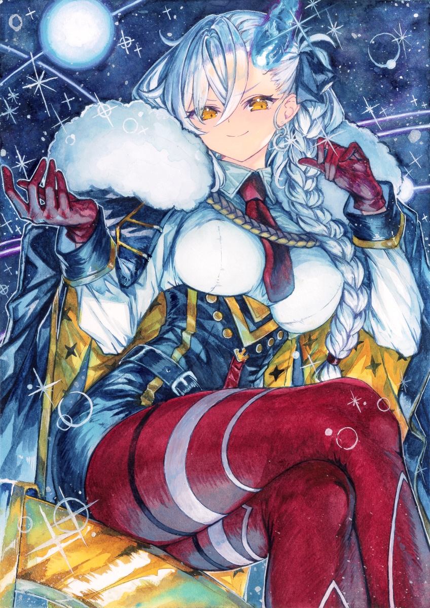 chikinan tarou, olga marie animusphere, olga marie animusphere (unbeast), fate/grand order, fate (series), highres, painting (medium), traditional media, watercolor (medium), 1girl, black skirt, blush, breasts, collared shirt, gloves, horns, large breasts, long hair, long sleeves, looking at viewer, pencil skirt, shirt, single horn, skirt, smile, solo, white shirt