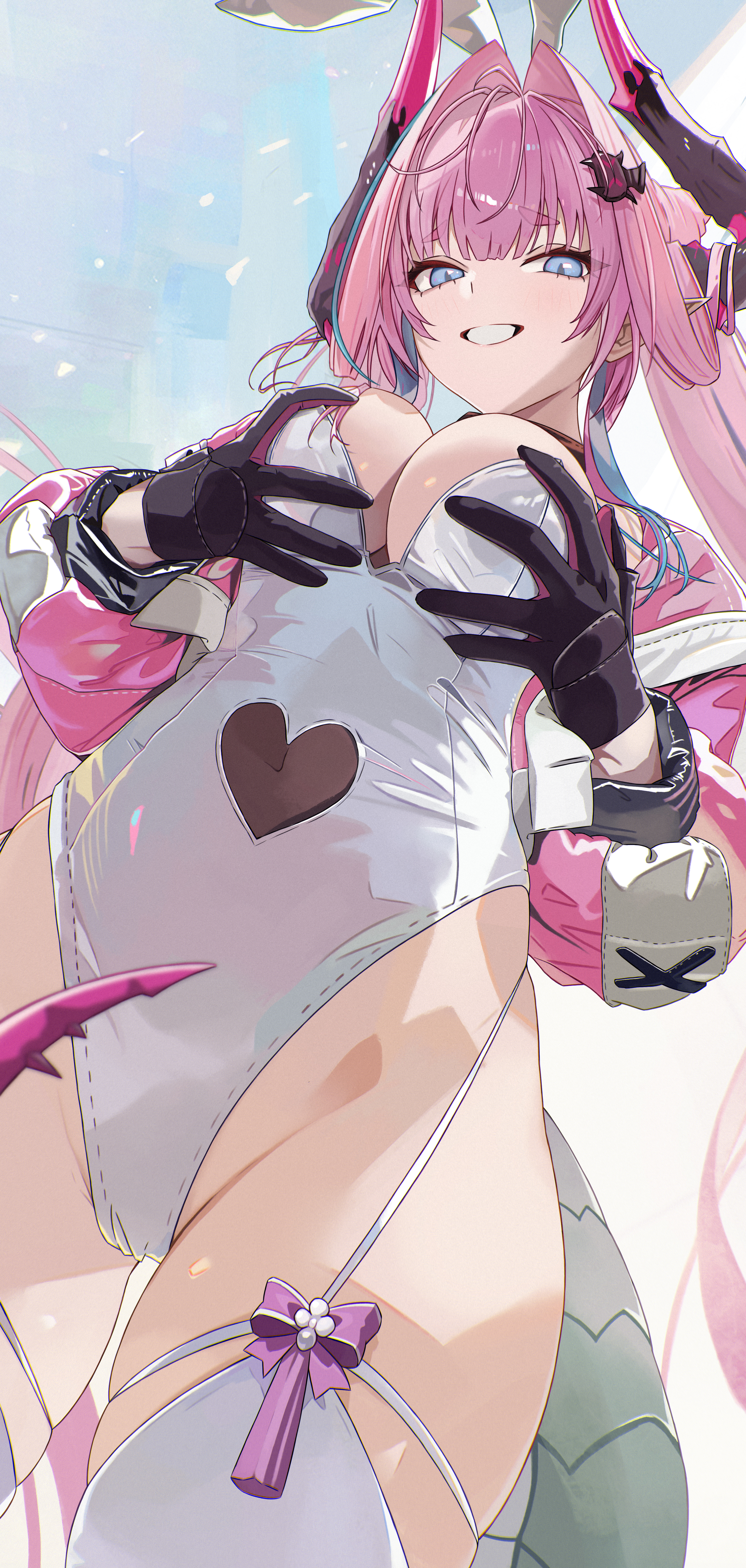 auguste, yvonne (arknights), arknights, absurdres, highres, 1girl, animal ears, black gloves, blue eyes, blush, breasts, clothing cutout, covered navel, cowboy shot, dragon tail, garter straps, gloves, grabbing own breast, hair ornament, hairclip, heart cutout, horns, jacket, large breasts, leotard, looking at viewer, navel cutout, open clothes, open jacket, pink jacket, pink pupils, playboy bunny, rabbit ears, simple background, smile, solo, tail, thighhighs, white background, white leotard, white thighhighs