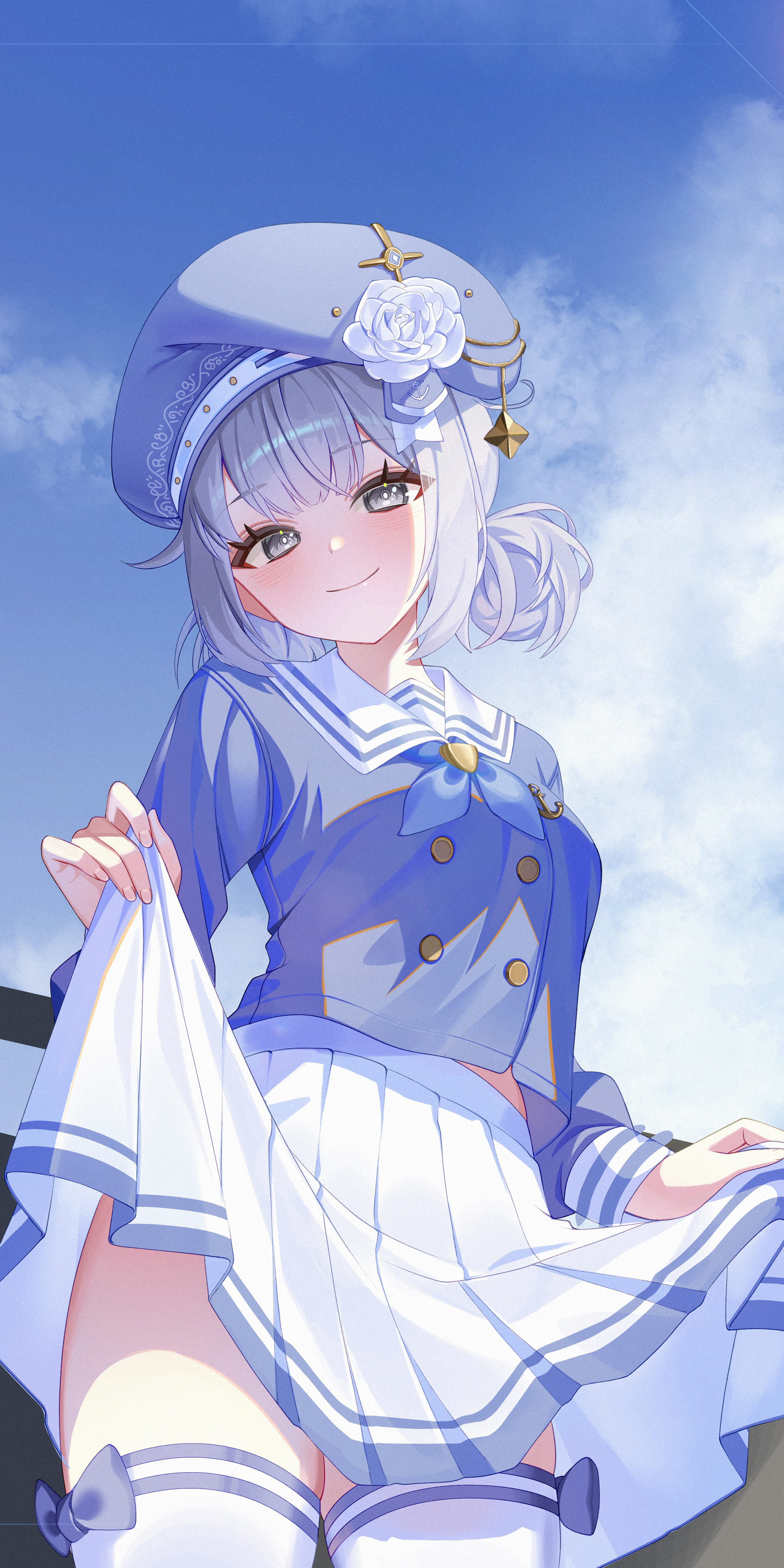 gimseol, original, absurdres, highres, 1girl, beret, blue hat, blue neckerchief, blue shirt, blue sky, breasts, buttons, closed mouth, clothes lift, cloud, cowboy shot, double-breasted, double bun, flower, grey eyes, hair bun, hat, hat flower, lifting own clothes, long hair, long sleeves, looking at viewer, medium breasts, neckerchief, oc (jmgsjh), pleated skirt, rose, sailor collar, school uniform, shirt, shirt overhang, skirt, skirt lift, sky, smile, solo, thighhighs, white hair, white sailor collar, white skirt, white thighhighs