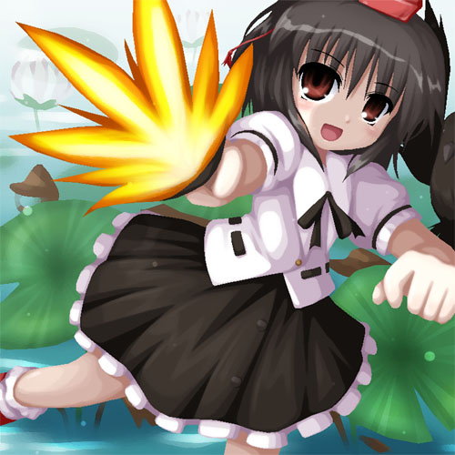 fukaiton, shameimaru aya, touhou, lowres, 1girl, black hair, female focus, hand fan, hat, holding, holding fan, lily pad, looking at viewer, no lineart, open mouth, red eyes, red hat, ribbon-trimmed shirt, ribbon trim, shirt, skirt, smile, solo, tokin hat