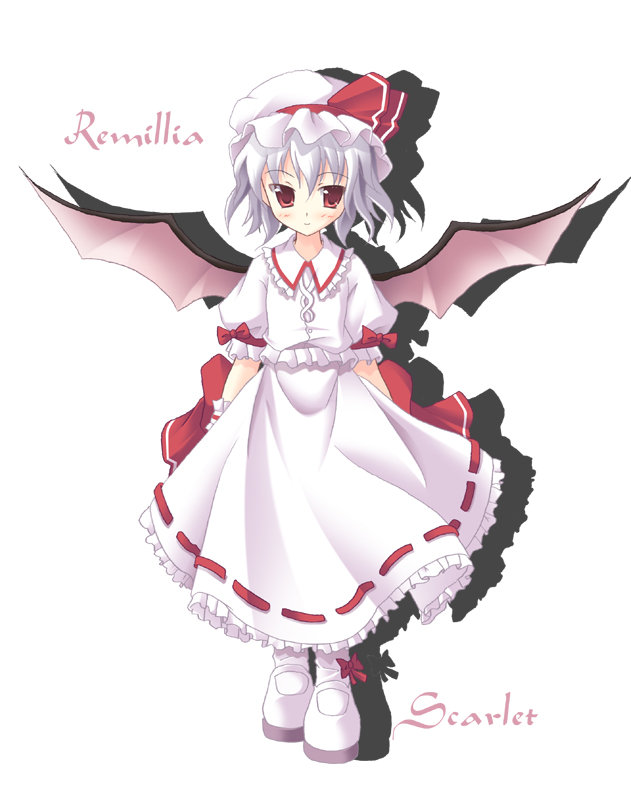 ruru (artist), ruru (heat haze), remilia scarlet, touhou, silver hair, 1girl, arms at sides, bat wings, blush, character name, female focus, hair between eyes, hat, mob cap, red eyes, short hair, simple background, solo, white background, wings