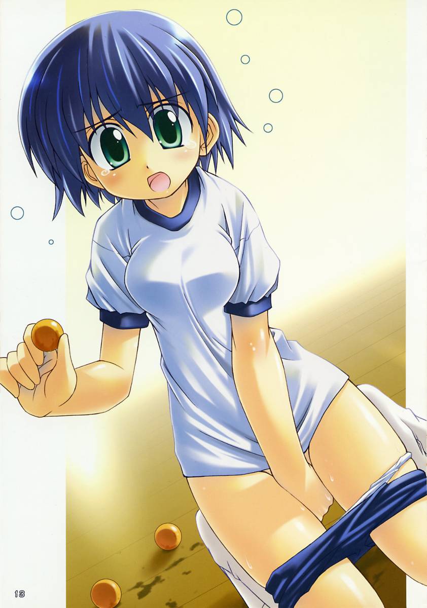 tonami yuma, to heart (series), to heart 2, highres, 00s, ben wa balls, benwaballs, blue hair, buruma, buruma pull, clothes pull, green eyes, gym uniform, panties, panty pull, short hair, solo, tears, underwear, white panties