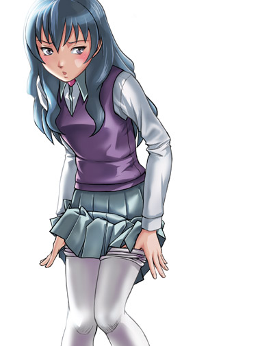 shirayuki shoushirou, menori, menori visconti, mujin wakusei survive, 00s, 1girl, blue hair, blush, brooch, clothes lift, clothes pull, dress, embarrassed, female focus, grey eyes, jewelry, long hair, open mouth, pantyhose, pantyhose pull, pleated skirt, purple sweater vest, school uniform, serafuku, skirt, skirt lift, solo, sweater vest, undressing, white pantyhose