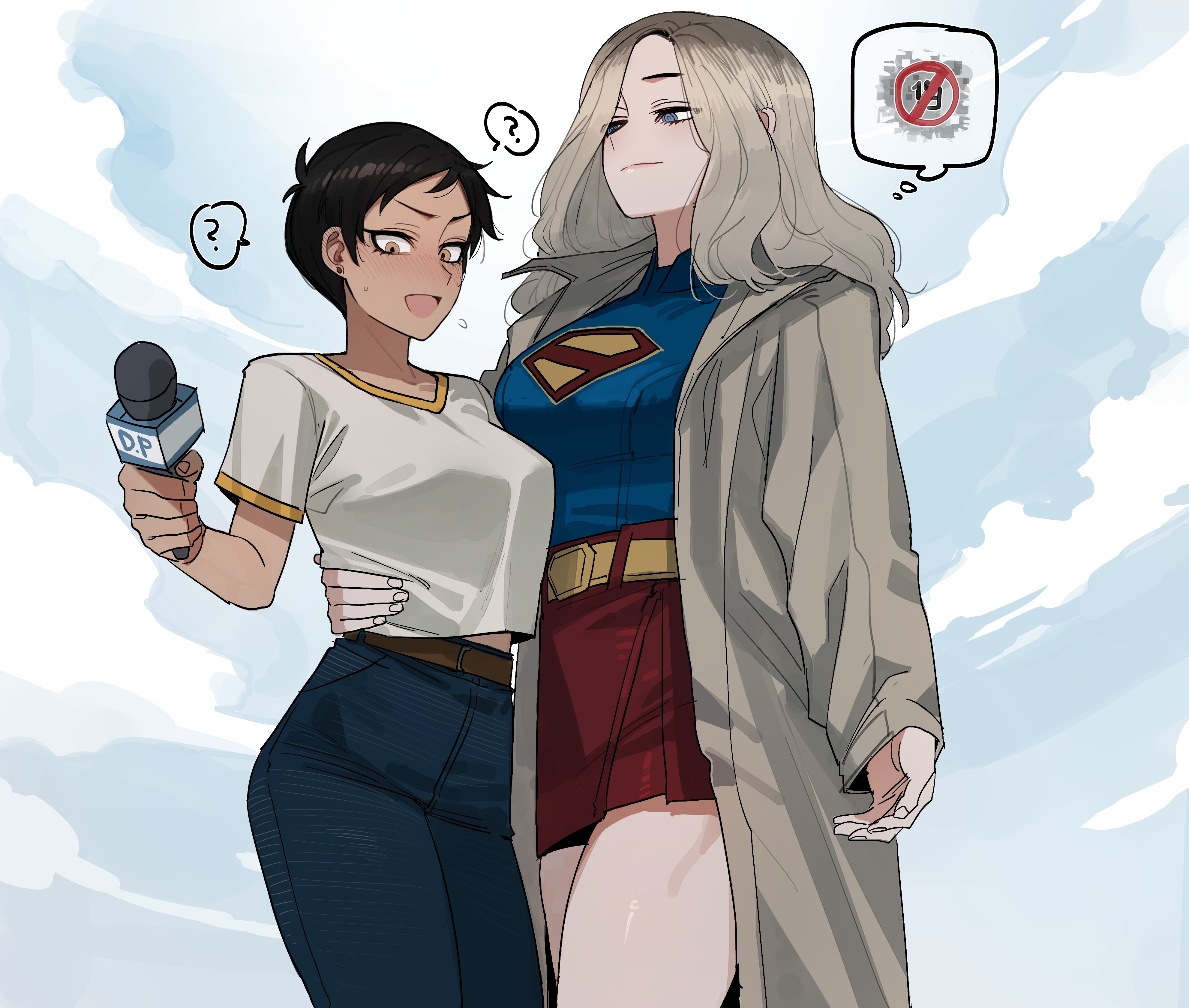 ratatatat74, lois lane, supergirl, dc comics, my adventures with superman, superman (2025), superman (series), absurdres, highres, 2girls, ?, arm around waist, black hair, blonde hair, brown coat, coat, emblem, flying sweatdrops, high-waist pants, in-franchise crossover, medium hair, microphone, midair, midriff peek, multiple girls, pants, red skirt, short hair, skirt, speech bubble, thought bubble, very short hair, you gonna get raped, yuri