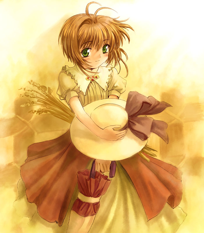 mutsuki (moonknives), kinomoto sakura, kinomoto sakura (memories), cardcaptor sakura, kodansha, 1990s (style), 1girl, antenna hair, blush, child, dress, female focus, green eyes, hat, holding, holding unworn clothes, holding unworn hat, retro artstyle, short hair, solo, sun hat, umbrella, unworn hat, unworn headwear, white hat