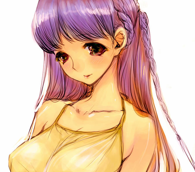 goshiki suzu, 1girl, blush, braid, breasts, female focus, halter shirt, halterneck, huge breasts, purple hair, simple background, solo, white background