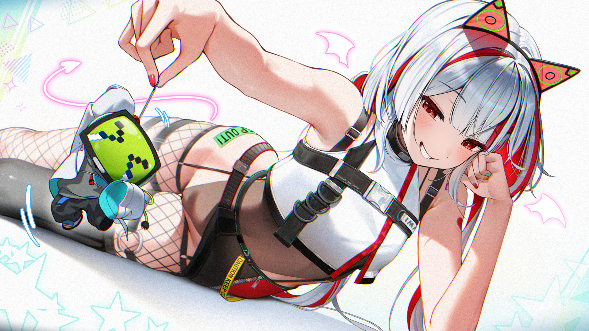 jeon-eo konoshiro, indie virtual youtuber, commentary, highres, mixed-language commentary, 1girl, animal ears, armpits, bare arms, bare shoulders, belt, black choker, black thighhighs, brown leotard, chest harness, choker, covered navel, crop top, crop top overhang, fake animal ears, fishnet thighhighs, fishnets, garter straps, grin, hairband, harness, highleg, highleg leotard, holding, ima-chan, leotard, long hair, looking at viewer, low twintails, lying, multicolored hair, nail polish, on side, outstretched arm, red eyes, red nails, shirt, simple background, sleeveless, sleeveless shirt, smile, solo, streaked hair, thigh strap, thighhighs, twintails, two-tone hair, virtual youtuber, white background, white hair, white shirt