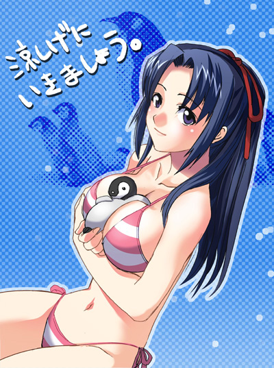 inue shinsuke, anekawa sakura, ayakashibito, sakura, 1girl, anekawa, animal, animal between breasts, between breasts, bikini, bird, blue hair, blush, breasts, cleavage, female focus, large breasts, navel, penguin, pink bikini, side-tie bikini bottom, solo, strap gap, striped bikini, striped clothes, swimsuit