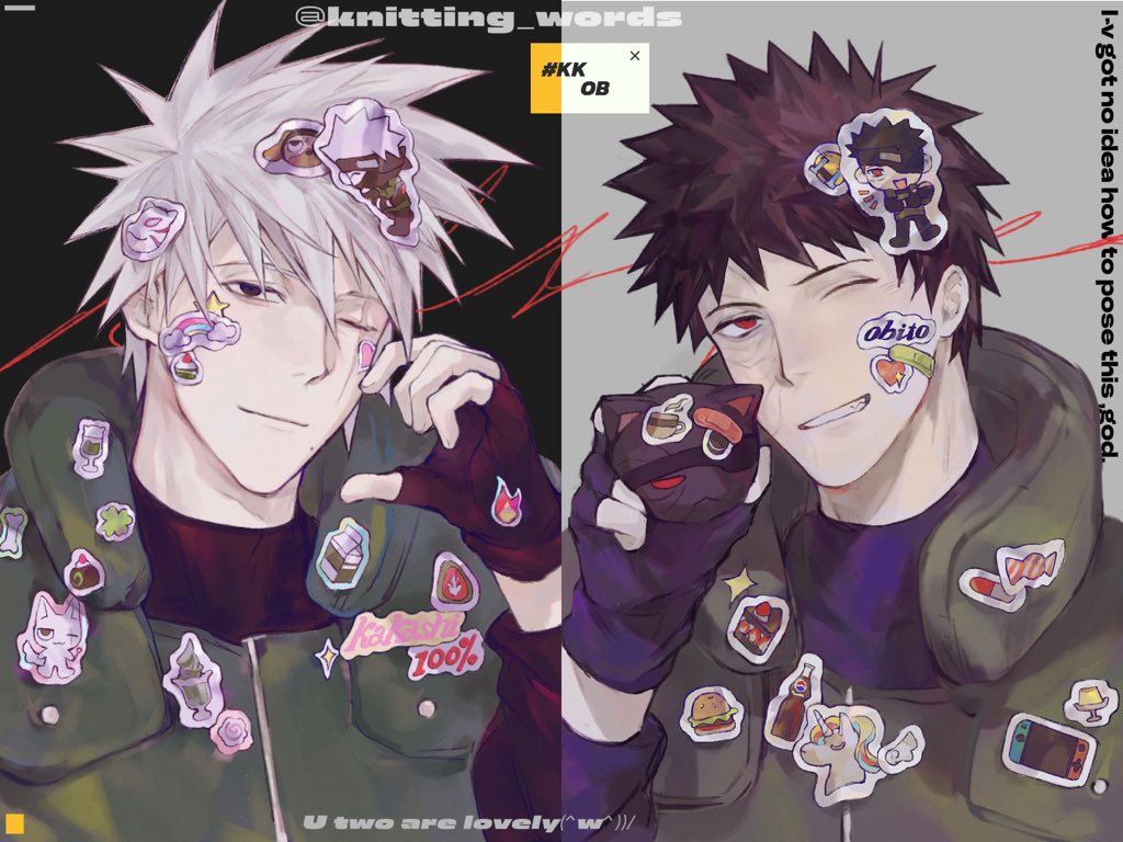 zhiyanpianyu55126, hatake kakashi, uchiha obito, naruto (series), naruto shippuuden, commentary request, 2boys, black gloves, black hair, character name, closed mouth, english text, fingerless gloves, flak jacket, gloves, green jacket, hashtag, heart sticker, jacket, konohagakure shinobi uniform, light smile, male focus, mole, mole under mouth, multiple boys, one eye closed, red eyes, scar, scar across eye, scar on face, short hair, spiked hair, sticker on face, too many stickers, twitter username, upper body, white hair