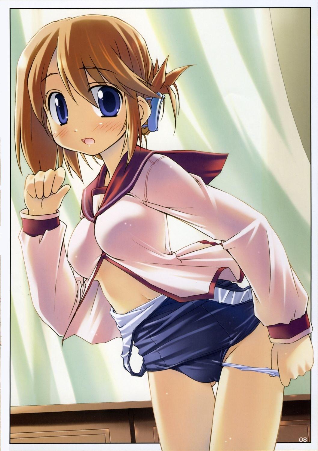 bakutendou, komaki manaka, to heart (series), to heart 2, highres, 00s, 1girl, clothes pull, female focus, folded ponytail, no pants, one-piece swimsuit, one-piece swimsuit pull, panties, panty pull, pulling own clothes, school swimsuit, school uniform, serafuku, solo, swimsuit, swimsuit under clothes, underwear, white panties