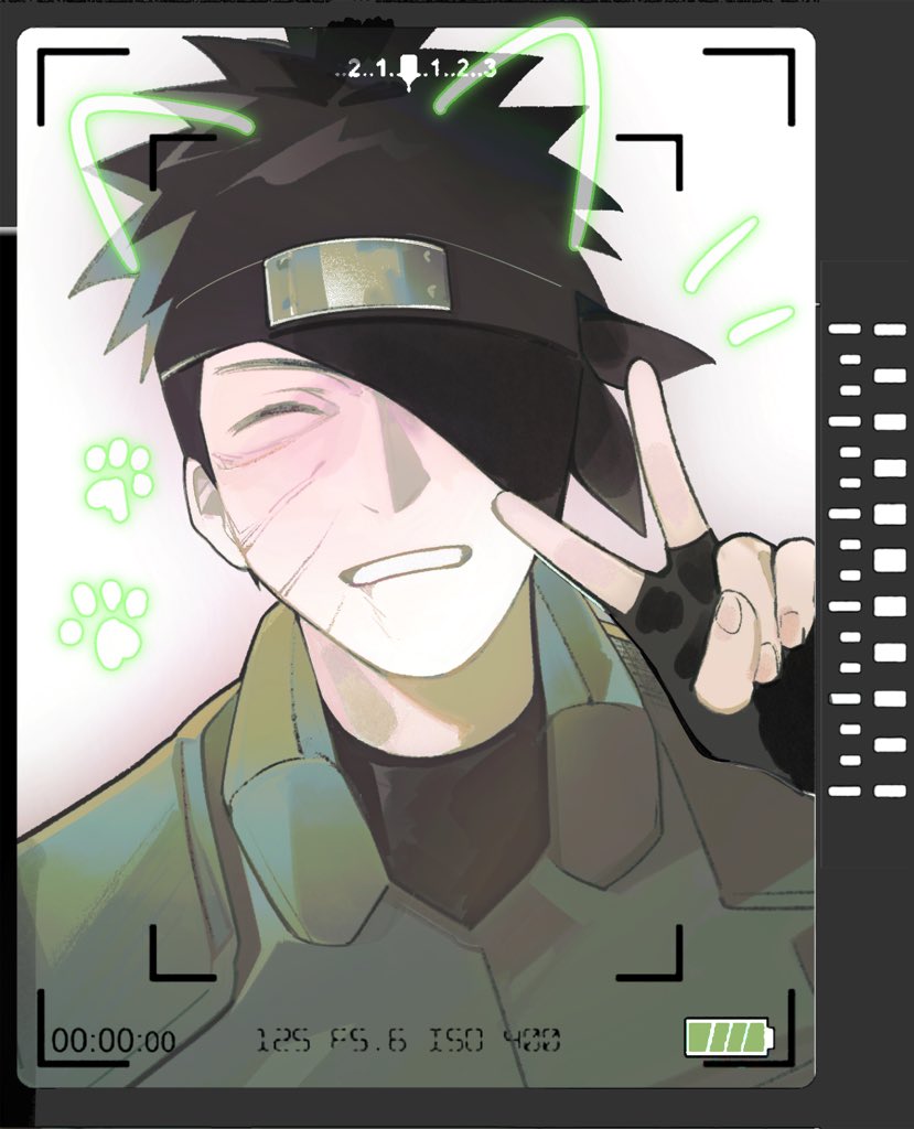 uchiha obito, naruto (series), naruto shippuuden, 1boy, battery indicator, black gloves, black hair, closed eyes, closed mouth, facing viewer, fingerless gloves, flak jacket, forehead protector, gloves, haodemyd, jacket, male focus, scar, scar on face, short hair, smile, solo, spiked hair, v, viewfinder