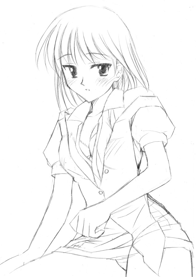 tsukamoto yakumo, school rumble, 00s, 1girl, blush, bra, breasts, female focus, greyscale, lingerie, medium breasts, monochrome, panties, sketch, solo, underwear
