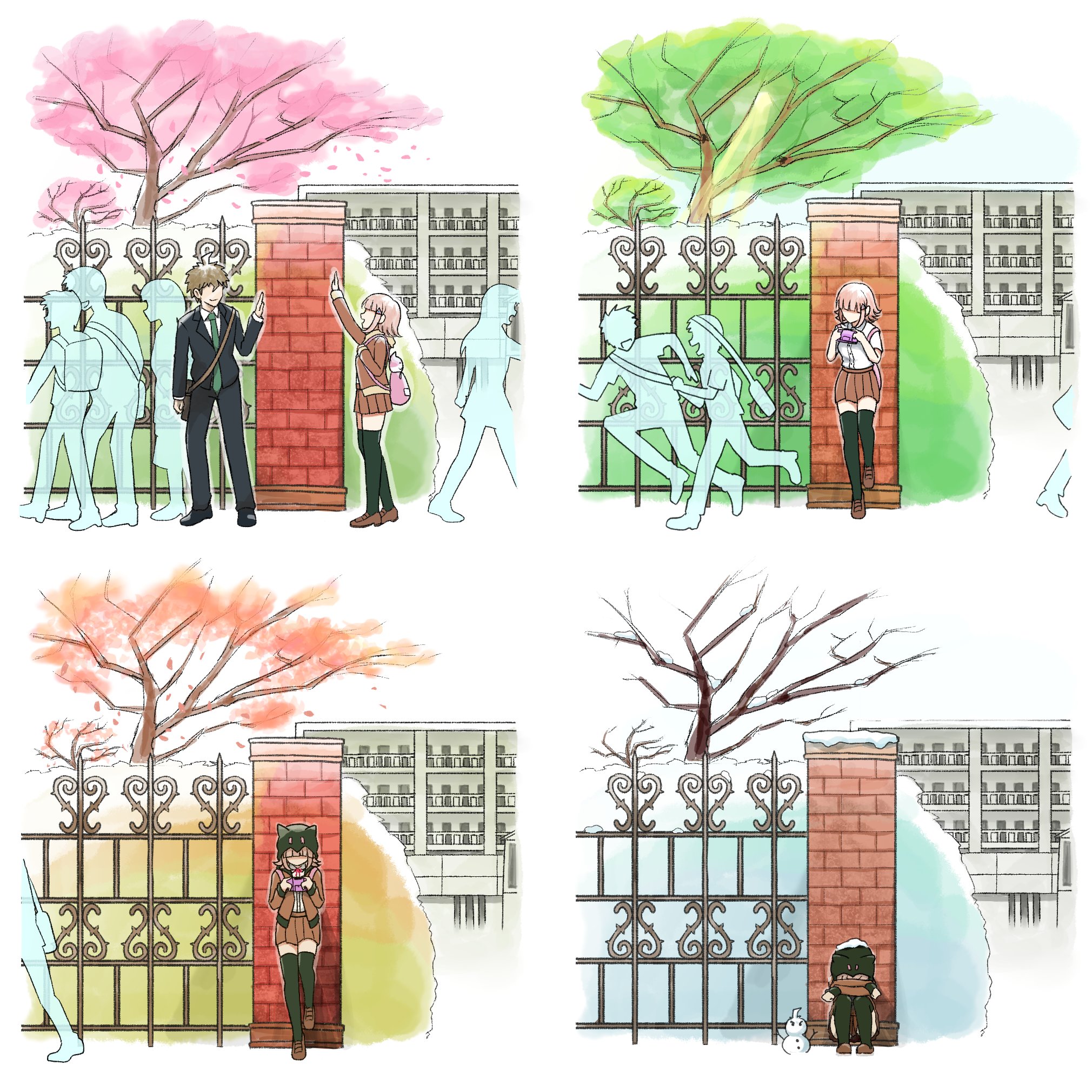 kmnm 1403, hinata hajime, nanami chiaki, danganronpa (series), danganronpa 2: goodbye despair, danganronpa 3 (anime), highres, 1boy, 1girl, autumn, brown hair, collared shirt, fence, flipped hair, hope's peak academy school uniform, jacket, long sleeves, medium hair, open clothes, open jacket, pleated skirt, school, school uniform, shirt, skirt, spring (season), summer, thighhighs, two-tone shirt, white shirt, winter