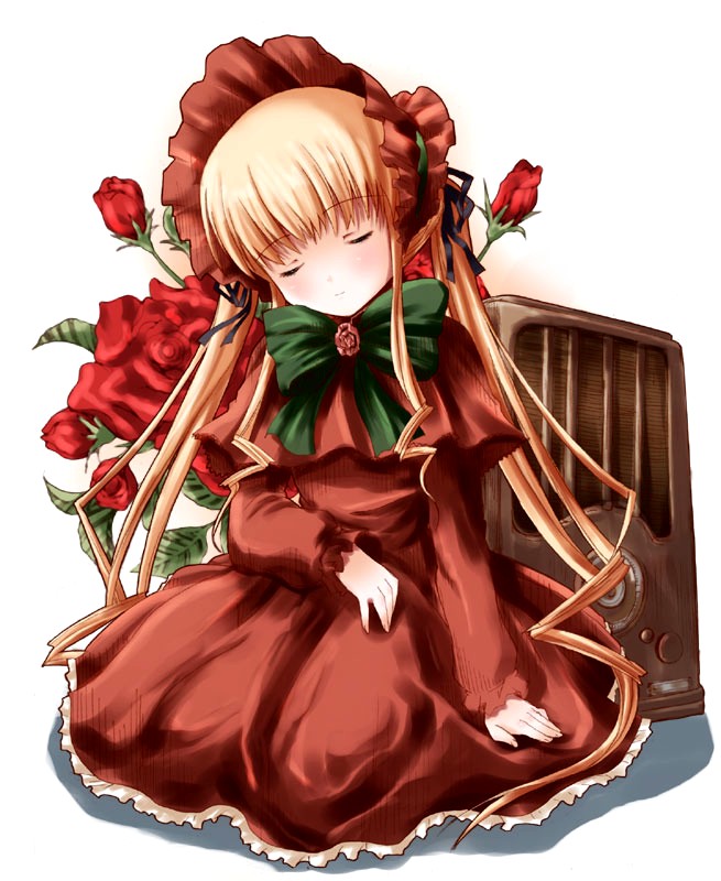 shinshin, shinku, rozen maiden, 00s, 1girl, blonde hair, dress, female focus, flower, long hair, red dress, red flower, red rose, rose, sleeping, solo