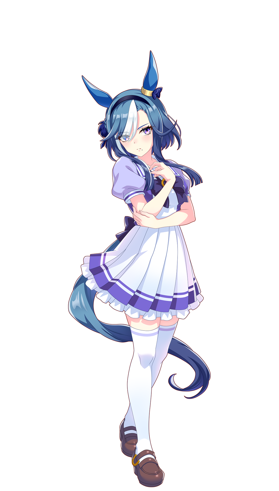 umamusume, highres, official art, 1girl, admire groove (umamusume), animal ears, blue hair, blush, bow, bowtie, brown shoes, closed mouth, frilled skirt, frills, full body, hand up, horse ears, horse girl, horse tail, looking at viewer, mole, mole under mouth, multicolored hair, pleated skirt, purple bow, purple bowtie, purple eyes, purple shirt, sailor collar, school uniform, shirt, shoes, short hair with long locks, short sleeves, skirt, solo, standing, summer uniform, tail, thighhighs, tracen school uniform, transparent background, two-tone hair, white hair, white sailor collar, white skirt, white thighhighs, zettai ryouiki