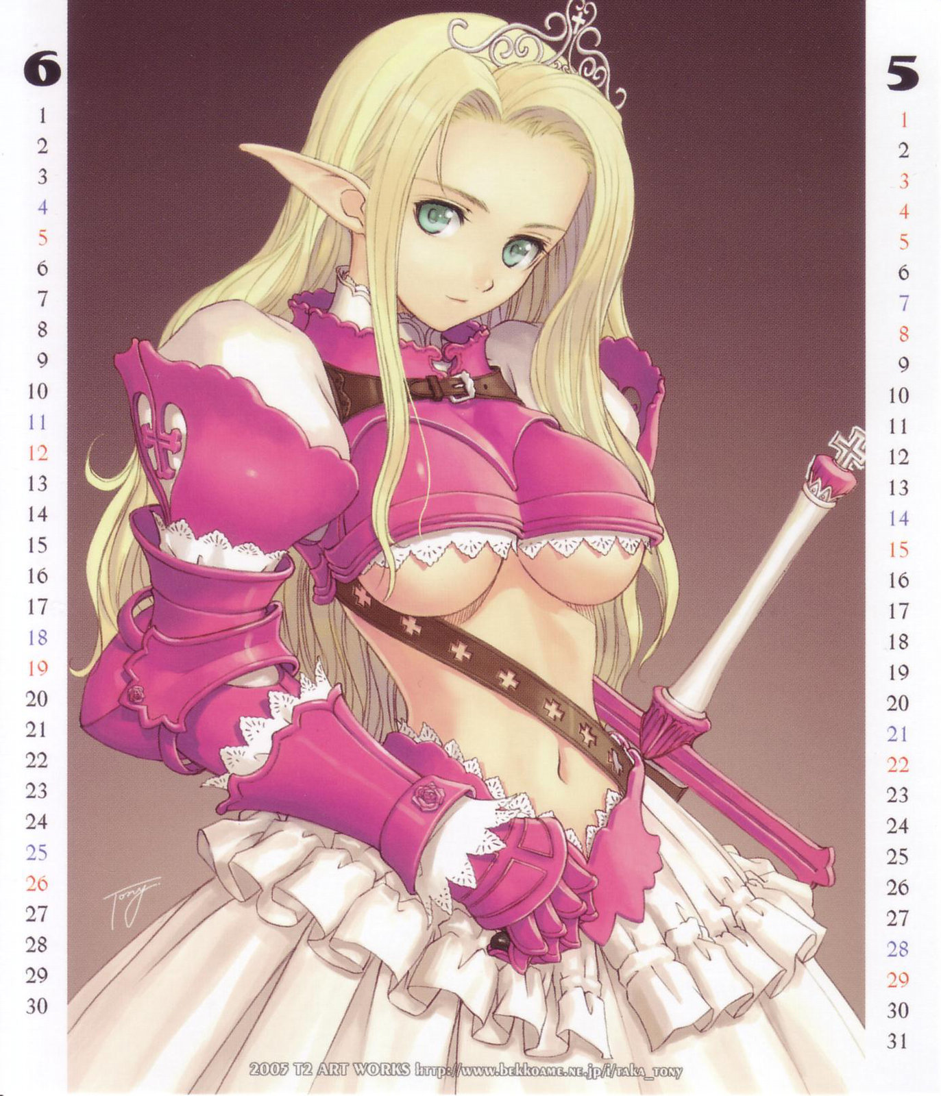 tony taka, duplicate, highres, 00s, 1girl, 2005, armor, armored dress, blonde hair, breasts, calendar, crown, dress, elf, female focus, gloves, green eyes, hat, june, large breasts, long hair, looking at viewer, midriff, navel, pink armor, pink gloves, pointy ears, puffy sleeves, solo, sword, tiara, underboob, watermark, weapon, web address