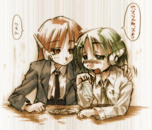 multi (to heart), serio (to heart), to heart, to heart (series), lowres, 2girls, alcohol, drunk, green eyes, green hair, multiple girls, robot ears, sake, speech bubble, yellow eyes