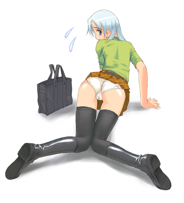 original, 1girl, all fours, ass, black thighhighs, boots, female focus, looking back, miniskirt, panties, shirt, skirt, solo, thighhighs, trefoil, underwear, white panties