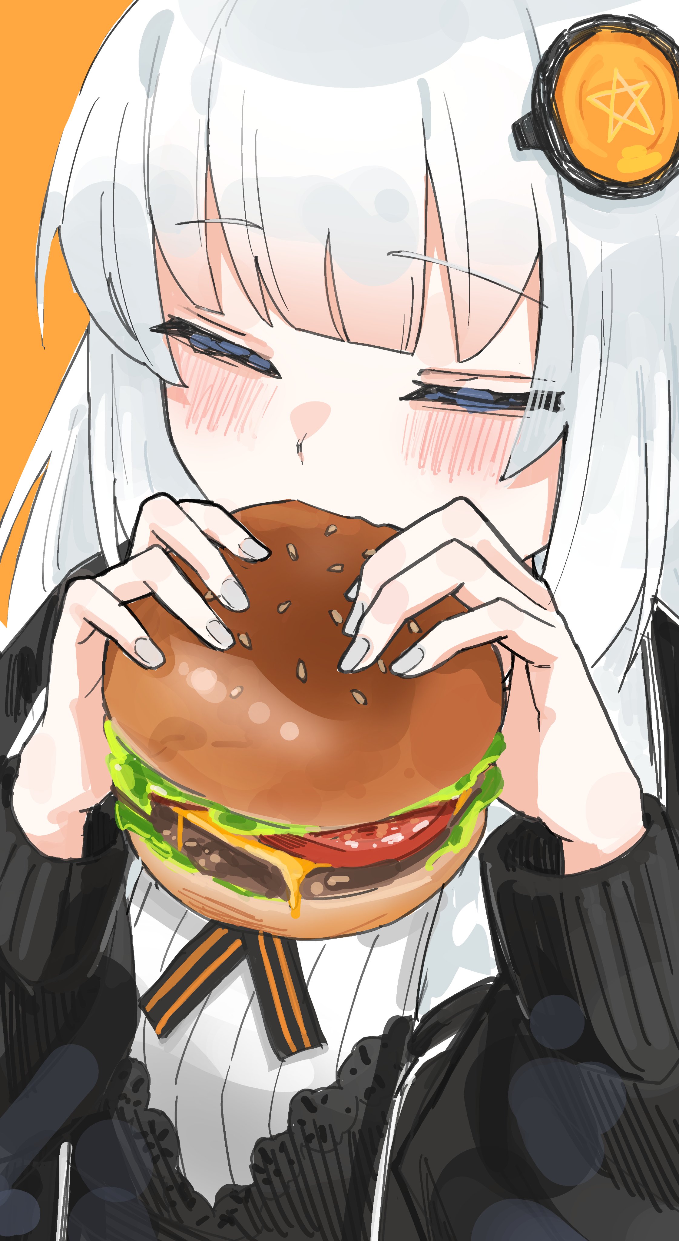 uranosebi, kizuna akari, voiceroid, absurdres, commentary request, highres, 1girl, black jacket, blush, burger, closed eyes, food, hair ornament, hands up, holding, holding food, jacket, long sleeves, orange background, ribbed shirt, ribbon, shirt, solo, upper body, white hair, white shirt