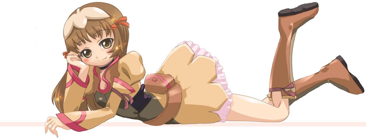 shiwo, re mii, zoids, zoids genesis, 00s, 1girl, blush, boots, brown boots, female focus, knee boots, lying, on stomach, solo, split mouth