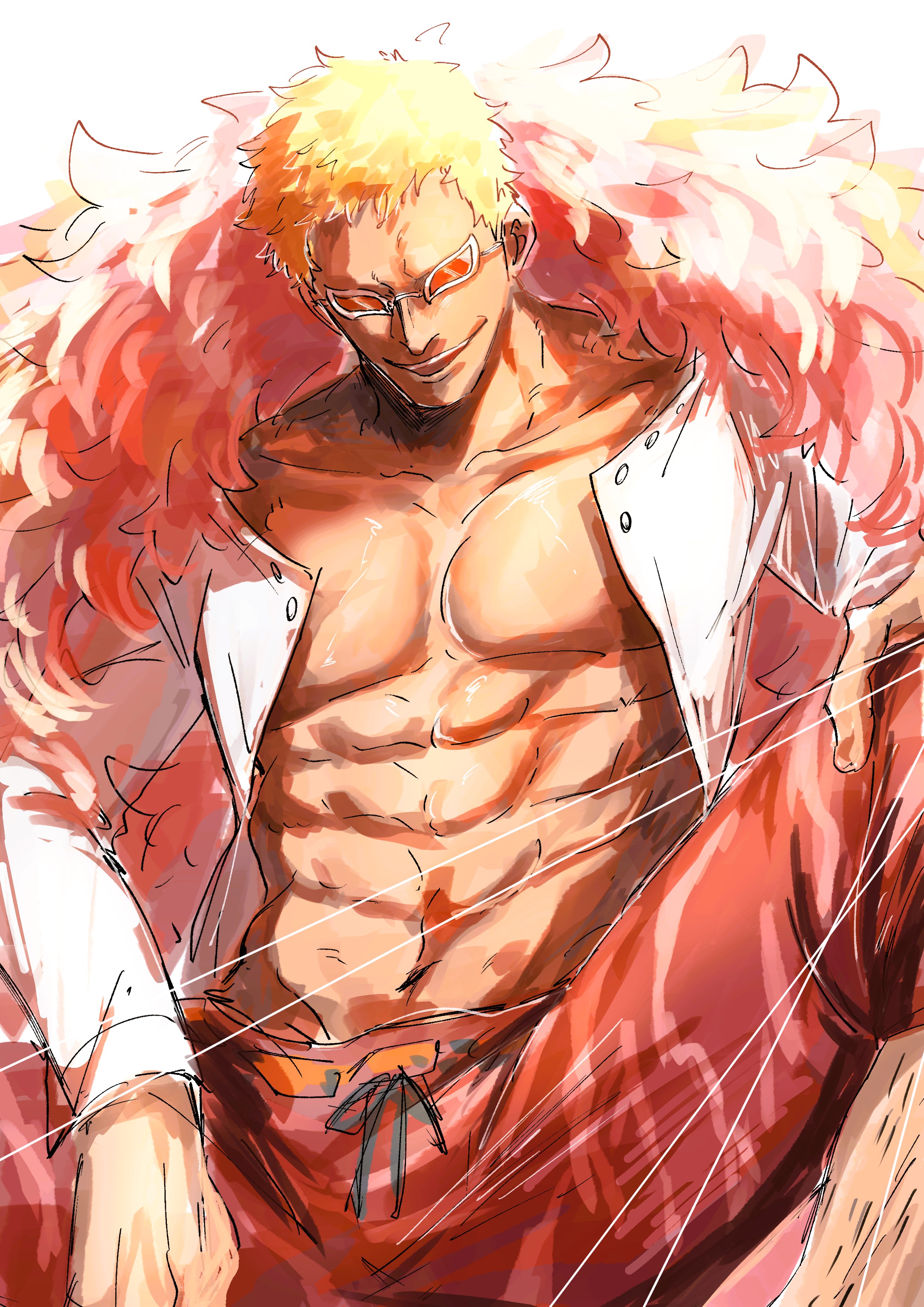 ame ekai, donquixote doflamingo, one piece, absurdres, highres, 1boy, abs, blonde hair, coat, leg hair, male focus, muscular, muscular male, open clothes, open shirt, pink coat, shirt, short hair, smile, sunglasses, teeth, thread, upper teeth only, white shirt