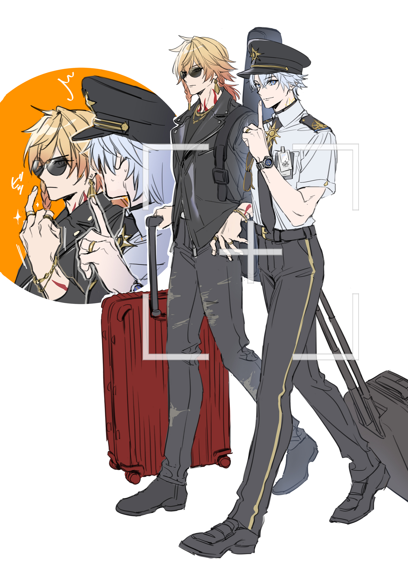 xia (ryugo), mydei (honkai: star rail), phainon (honkai: star rail), honkai: star rail, honkai (series), commentary, highres, 2boys, alternate costume, belt, black belt, black hat, black jacket, black necktie, black shirt, black shoes, blonde hair, braid, facial tattoo, finger to mouth, gold ring, gradient hair, hair between eyes, hat, holding, holding suitcase, jacket, male focus, medium hair, multicolored hair, multiple boys, neck tattoo, necktie, pilot uniform, red hair, red tattoo, rolling suitcase, shirt, shoes, short sleeves, shushing, side braid, simple background, suitcase, sunglasses, tattoo, viewfinder, white background, white shirt, yaoi