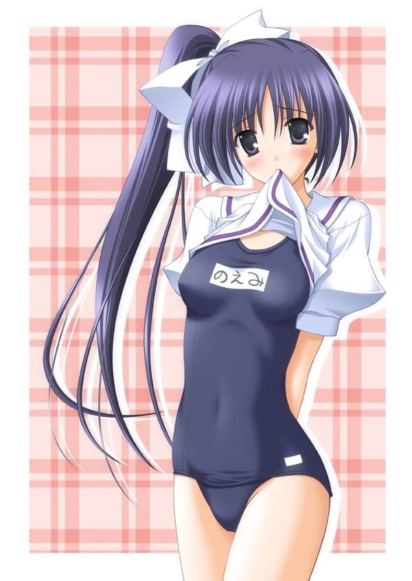 sugii tsukasa, itou noemi, with you, 00s, 1girl, arms behind back, blue eyes, blue hair, blush, clothes lift, embarrassed, female focus, hair ribbon, high side ponytail, long hair, matching hair/eyes, mouth hold, name tag, no pants, one-piece swimsuit, plaid background, ponytail, ribbon, school swimsuit, school uniform, serafuku, shirt lift, side ponytail, solo, standing, swimsuit, swimsuit under clothes, thighs, very long hair