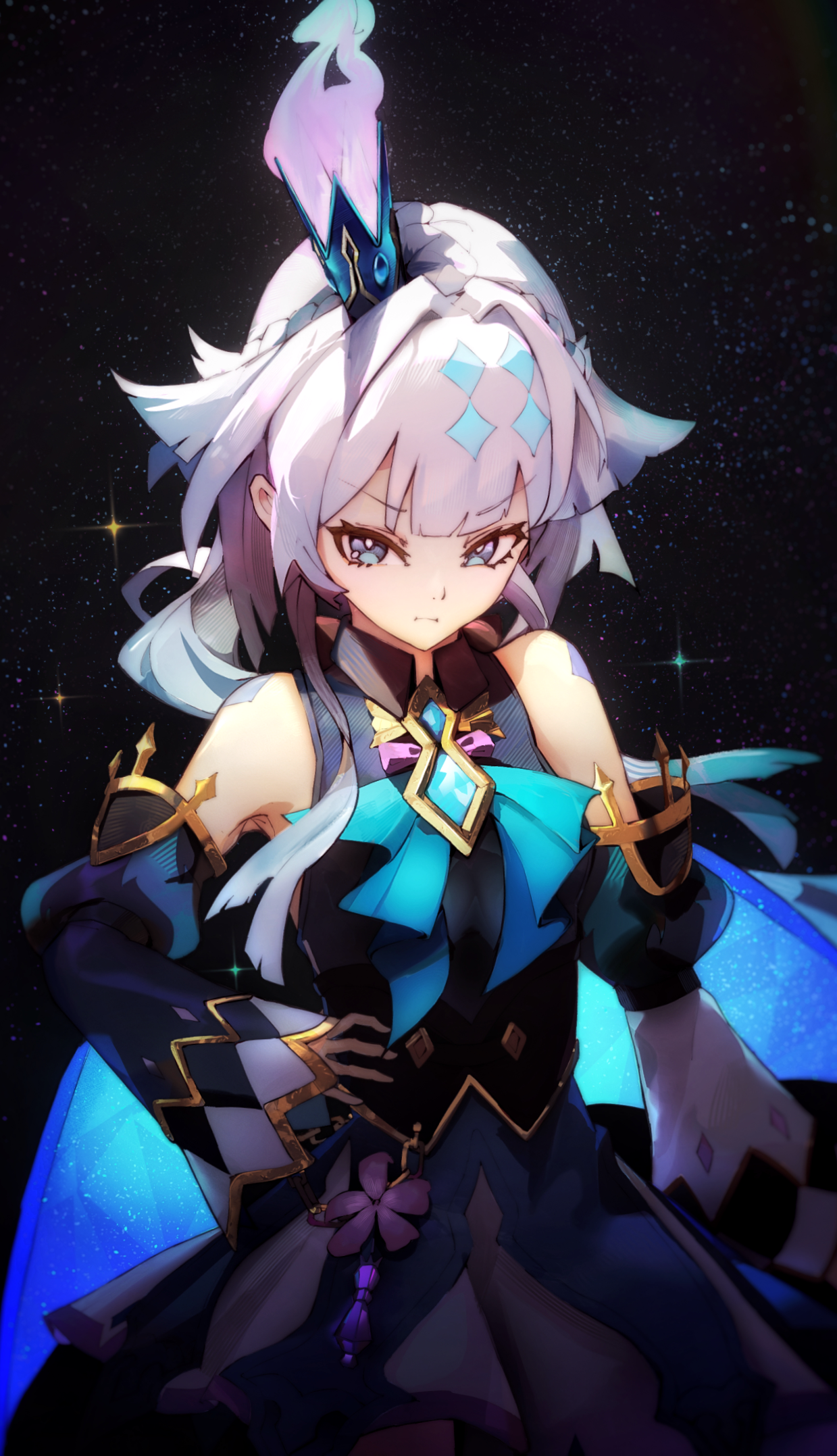 applelin, cerydra (honkai: star rail), honkai: star rail, honkai (series), commentary request, highres, 1girl, bare shoulders, blue dress, blue eyes, blue hair, breasts, crown, detached sleeves, dress, hair intakes, long hair, looking at viewer, medium breasts, sky, solo, star (sky), starry sky, wings