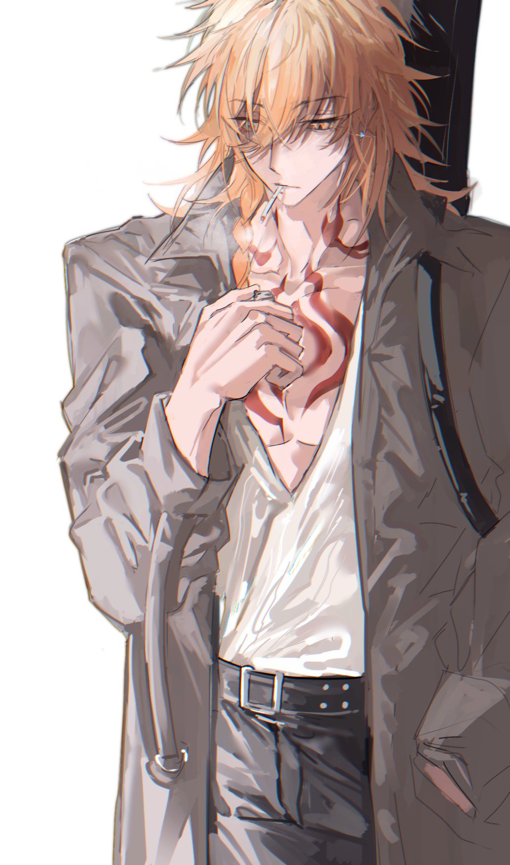 mydei (honkai: star rail), honkai: star rail, honkai (series), highres, 1boy, alternate costume, belt, black belt, black pants, blonde hair, braid, brown coat, chest tattoo, coat, facial tattoo, gradient hair, guitar case, hair between eyes, hand in pocket, instrument case, jsxlh926, male focus, medium hair, multicolored hair, pants, pectoral cleavage, pectorals, red hair, red tattoo, shirt, side braid, simple background, smoke, smoking, solo, tattoo, white background, white shirt, yellow eyes