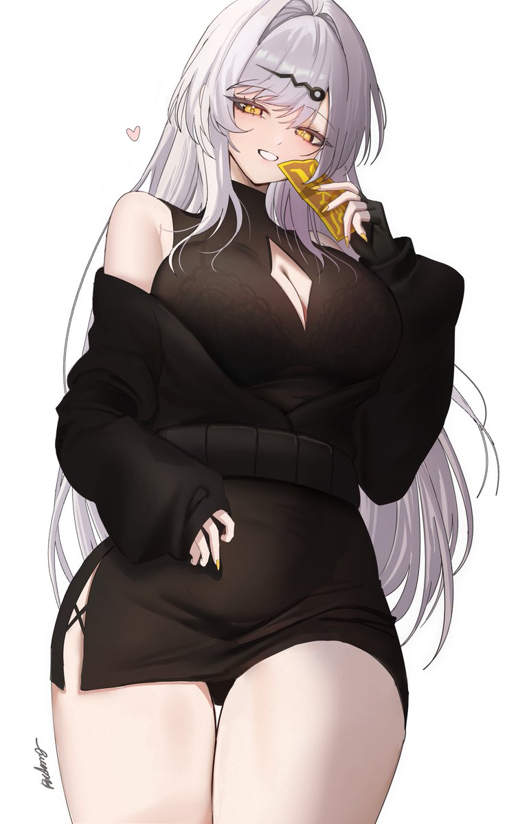 rudang, yixuan (zenless zone zero), zenless zone zero, commentary, highres, 1girl, alternate costume, bare shoulders, breasts, cleavage, cowboy shot, fingernails, hair ornament, hand up, heart, holding, holding ofuda, huge breasts, long fingernails, long hair, looking at viewer, nail polish, ofuda, signature, smile, solo, thigh gap, thighs, very long hair, white hair, yellow nails