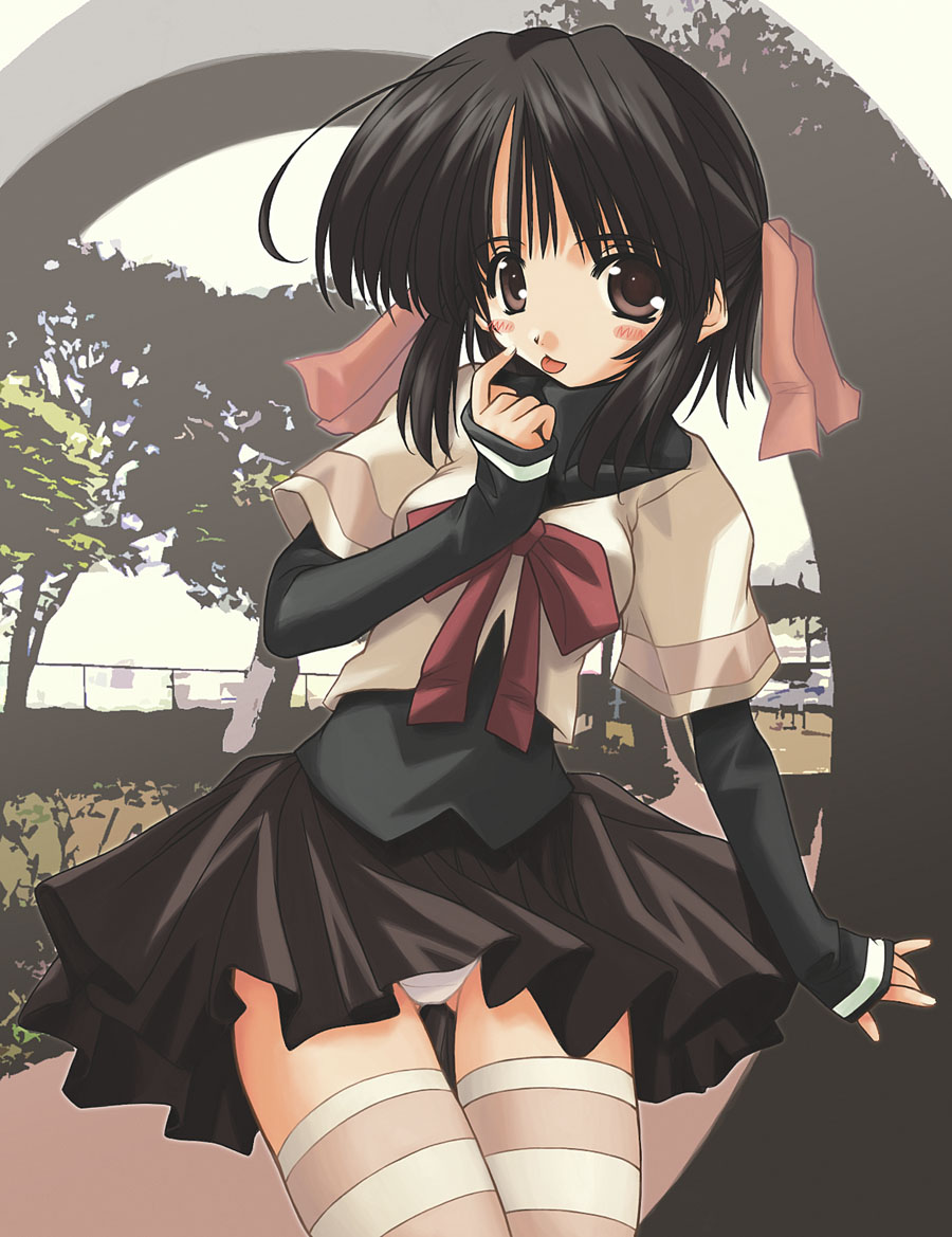 naipeta, original, 1girl, black hair, blush, bow, brown eyes, dress, female focus, hair bow, jacket, layered sleeves, long sleeves, panties, pantyshot, pleated skirt, ribbon, school uniform, serafuku, short dress, short hair, skirt, solo, striped clothes, striped thighhighs, thigh gap, thighhighs, thighs, underwear, upskirt, white panties