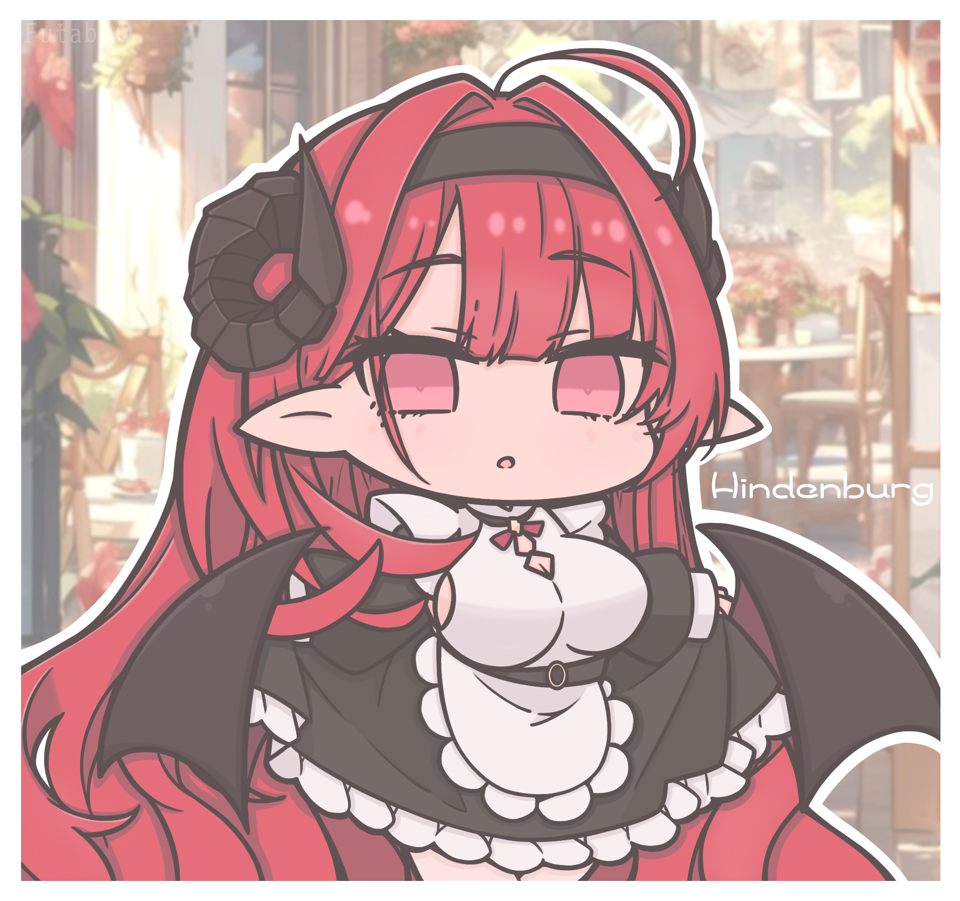 futaba (anti clockwise), hindenburg (azur lane), azur lane, ai-assisted, commentary request, highres, 1girl, ahoge, ai-generated background, alternate costume, apron, artist name, black dress, black hairband, black horns, black wings, border, breasts, chair, character name, chibi, chibi only, clothes lift, cowboy shot, curled horns, day, demon girl, demon horns, dress, dress lift, enmaided, frilled apron, frilled dress, frills, hair intakes, hairband, horns, indoors, large breasts, long hair, maid, maid apron, open mouth, outline, parted lips, pink eyes, plant, pointy ears, puffy short sleeves, puffy sleeves, red hair, short sleeves, sideboob, sidelocks, table, very long hair, waist apron, white apron, white border, white outline, wings, wrist cuffs