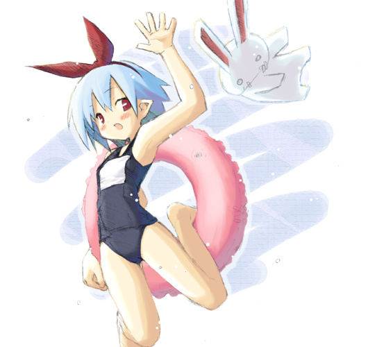 pleinair, usagi-san, disgaea, nippon ichi, innertube, one-piece swimsuit, pointy ears, rabbit, school swimsuit, solo, stuffed animal, stuffed rabbit, stuffed toy, swim ring, swimsuit