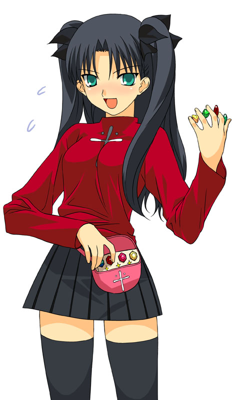 tohsaka rin, fate/stay night, fate (series), a1, black legwear, 00s, 1girl, long sleeves, solo, thighhighs, turtleneck, two side up