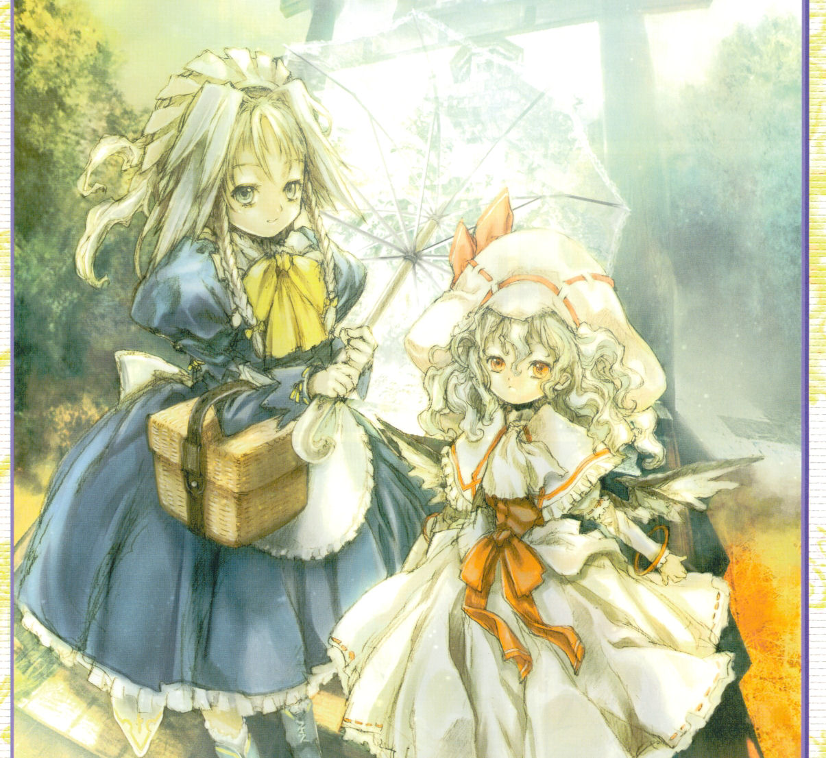asai genji, izayoi sakuya, remilia scarlet, curiosities of lotus asia, touhou, official art, 2girls, braid, female focus, hat, maid, mob cap, multiple girls, picnic basket, twin braids, umbrella