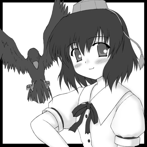 kotowari (newtype kenkyuujo), shameimaru aya, touhou, lowres, 1girl, bird, black hair, crow, female focus, greyscale, hat, monochrome, solo, tokin hat