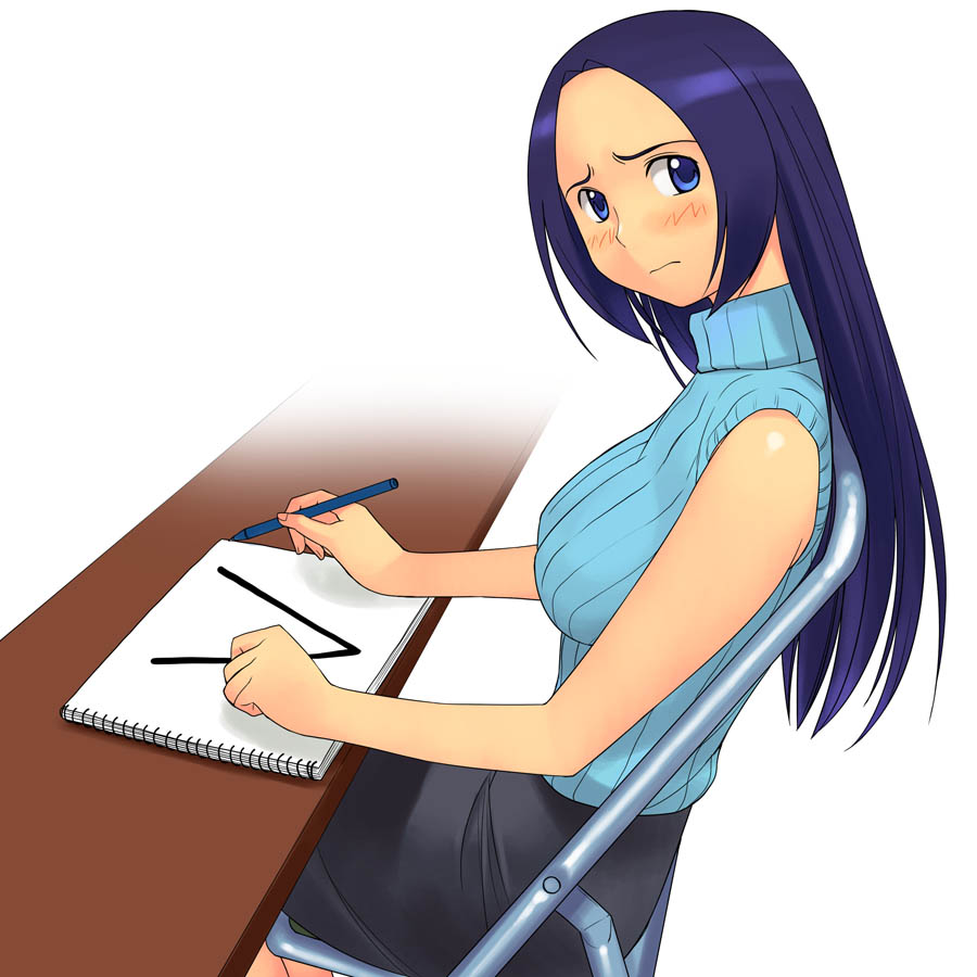 a1 (initial-g), miura azusa, idolmaster, idolmaster (classic), idolmaster 1, 00s, 1girl, bare shoulders, blue eyes, blue hair, blush, chair, desk, female focus, folding chair, long hair, looking at viewer, matching hair/eyes, notebook, on chair, pen, sleeveless, sleeveless turtleneck, solo, turtleneck, v, white background