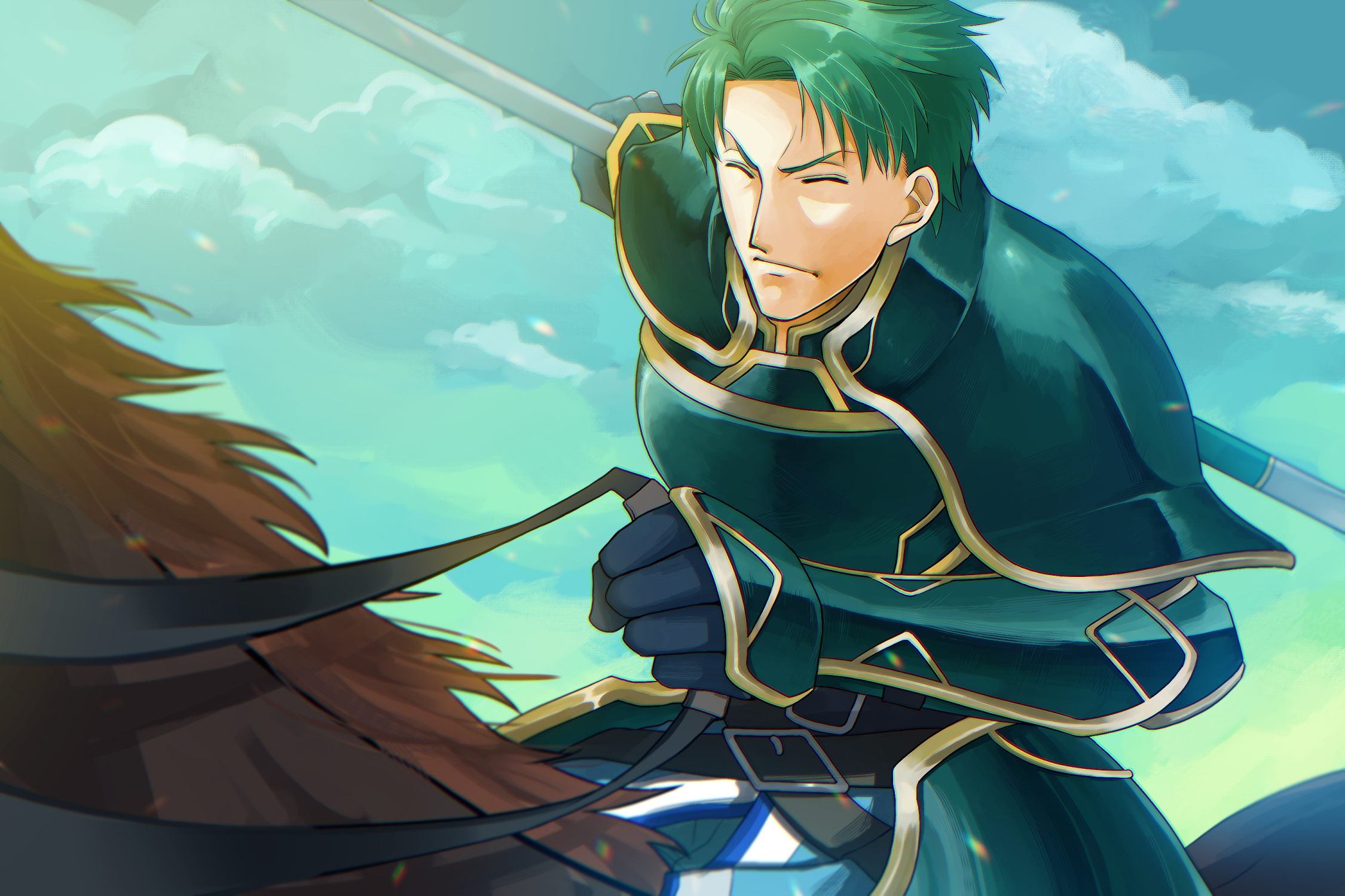 kaminokago, oscar (fire emblem), fire emblem, fire emblem: radiant dawn, nintendo, highres, 1boy, armor, belt, breastplate, closed eyes, cloud, day, gauntlets, green hair, holding, holding polearm, holding weapon, horseback riding, male focus, outdoors, polearm, reins, riding, short hair, weapon