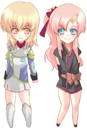 nankyoku, cagalli yula athha, lacus clyne, gundam, gundam seed, gundam seed destiny, animated, animated gif, lowres, 00s, 2girls, blonde hair, blue eyes, chibi, chibi only, long hair, multiple girls, pink hair, ponytail, yellow eyes