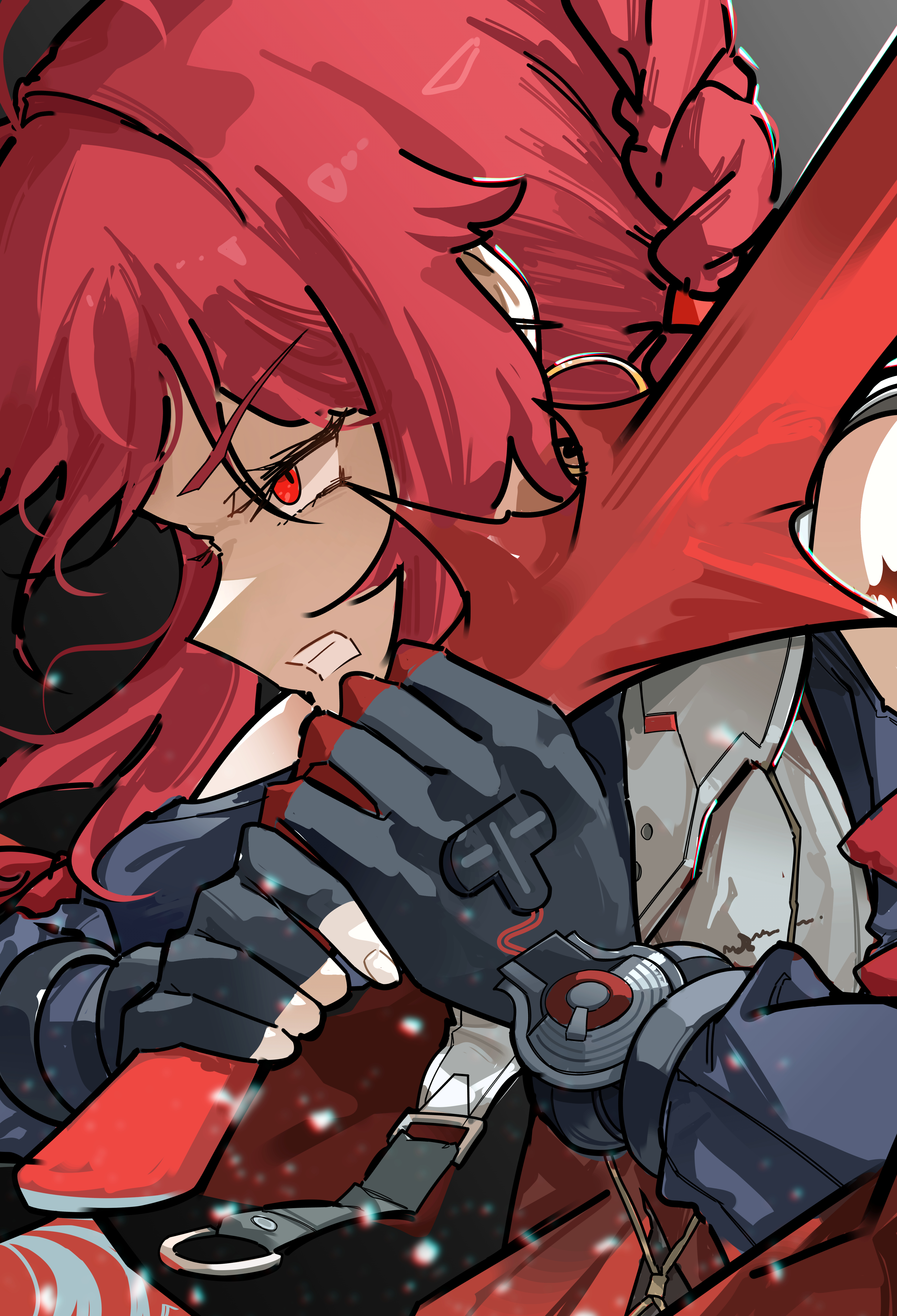 ryeon (naturesan), danjin (wuthering waves), wuthering waves, absurdres, commentary, english commentary, highres, 1girl, black gloves, chromatic aberration, clenched teeth, collar, earrings, fingerless gloves, from side, gloves, holding, holding sword, holding weapon, hoop earrings, jewelry, looking ahead, red hair, red tabard, single fingerless glove, solo, sword, tabard, teeth, upper body, weapon, white collar