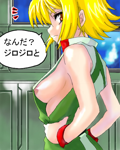 nankyoku, cagalli yula athha, gundam, gundam seed, gundam seed destiny, lowres, translated, 00s, 1girl, blonde hair, breasts, female focus, hands on own hips, nipple slip, nipples, sideboob, solo, speech bubble