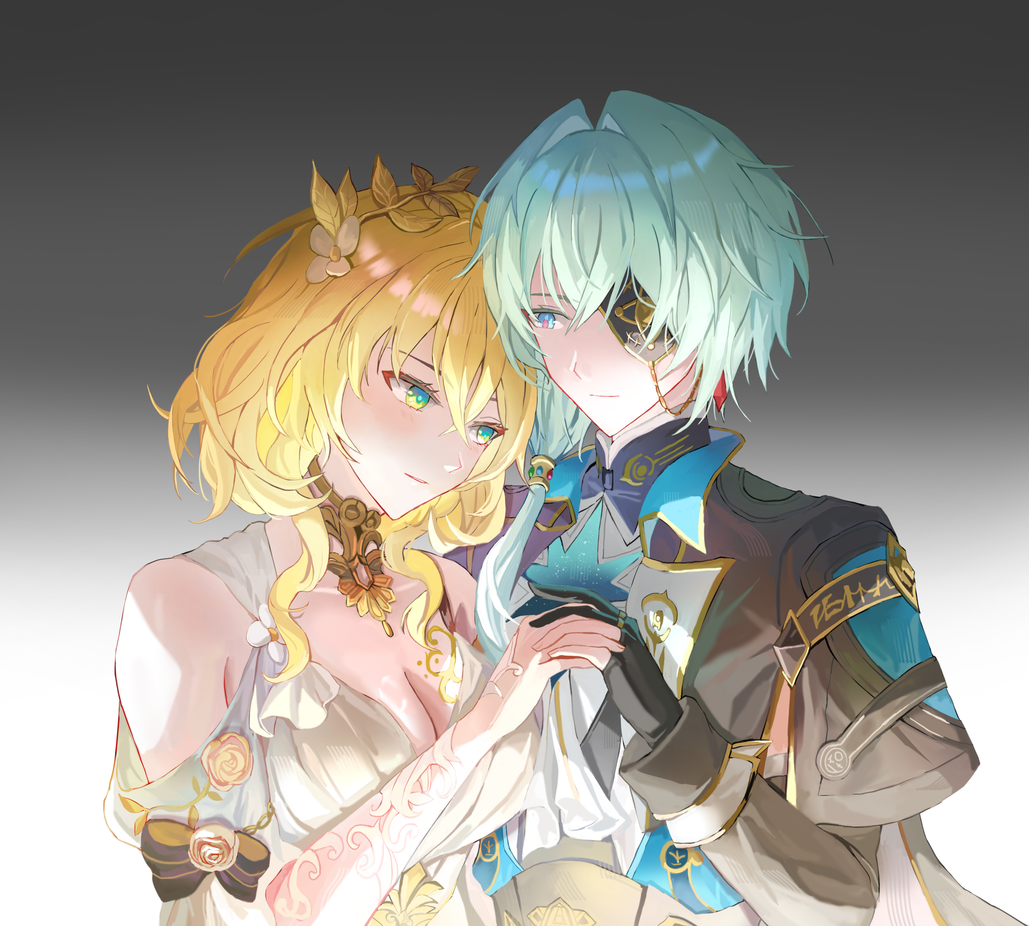 haru nuri, aglaea (honkai: star rail), anaxa (honkai: star rail), honkai: star rail, honkai (series), absurdres, commentary request, highres, 1boy, 1girl, aqua hair, bare shoulders, black gloves, black jacket, blonde hair, blue eyes, breast tattoo, breasts, cleavage, closed mouth, couple, dress, eyepatch, flower, gloves, gold tattoo, gradient background, green eyes, grey background, hair between eyes, hair flower, hair ornament, hair over shoulder, hetero, holding hands, jacket, large breasts, long hair, looking at another, medium hair, out of character, pink pupils, ponytail, side-by-side, simple background, tattoo, upper body, white dress