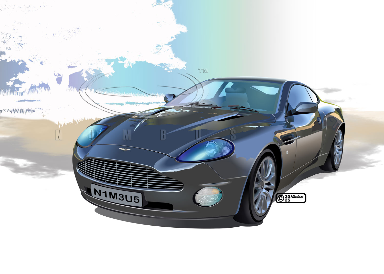nimbus goldbrum, aston martin, original, commentary request, 2025, artist name, aston martin vanquish, car, dated, grass, grey car, license plate, logo, motor vehicle, no humans, product placement, shadow, silhouette, simple background, sports car, tree, vehicle focus, watermark, white background