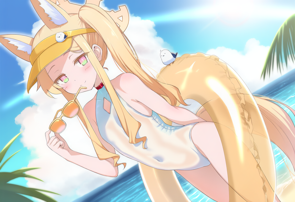 okasa re taii, seia (blue archive), seia (swimsuit) (blue archive), blue archive, 1girl, animal ear fluff, animal ears, arm behind back, beach, blonde hair, breasts, cloud, covered navel, cross halo, fox ears, fox girl, fox tail, groin, halo, highleg, highleg one-piece swimsuit, innertube, long hair, ocean, one-piece swimsuit, orange-tinted eyewear, outdoors, side ponytail, sky, small breasts, smile, solo, sunglasses, swim ring, swimsuit, tail, thighs, tinted eyewear, unworn eyewear, visor cap, white one-piece swimsuit, yellow eyes, yellow halo, yellow visor